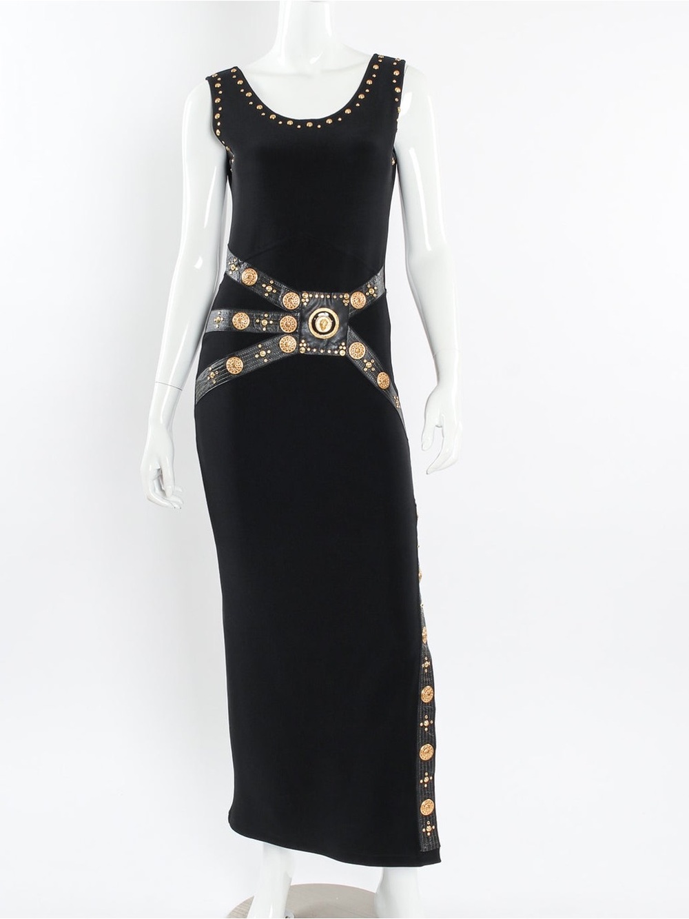 Vintage 90s Y2K Caché Black Gold Studded Medusa Strap Long Maxi Dress Small
